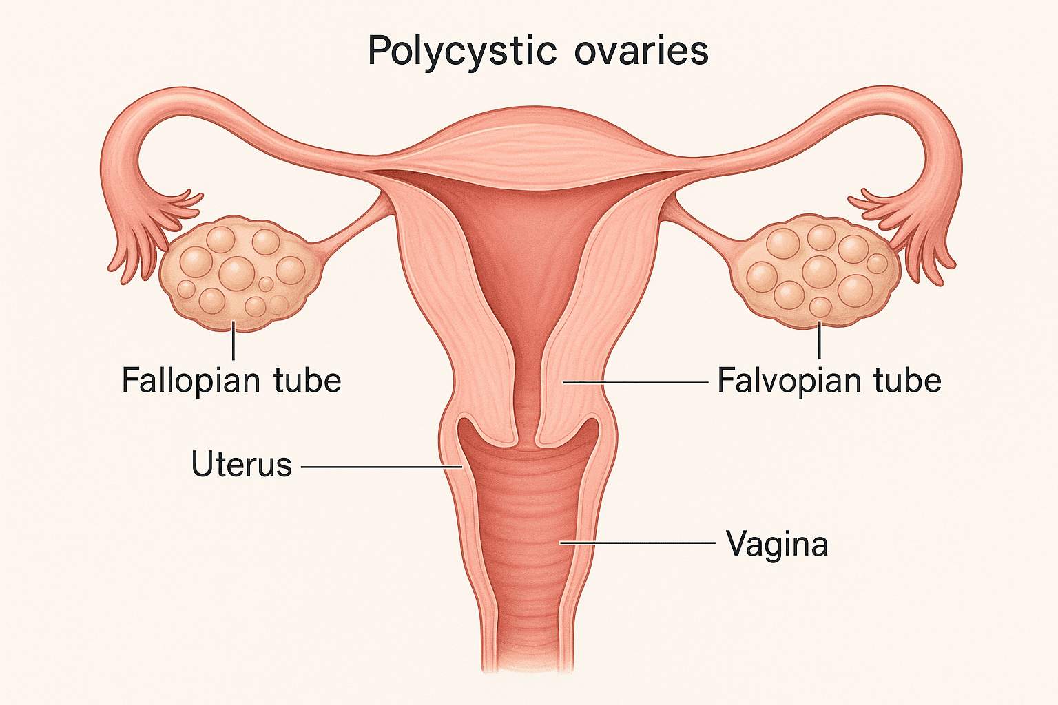 Anatomical diagram of polycystic ovary syndrome showing multiple cysts on ovaries