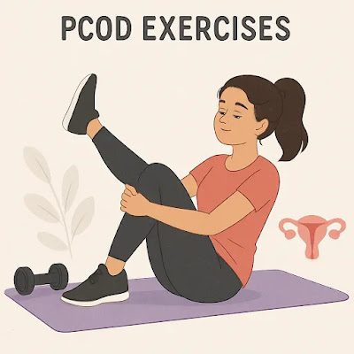 Illustration of a woman performing an exercise for PCOD treatment on a yoga mat with a dumbbell nearby.
