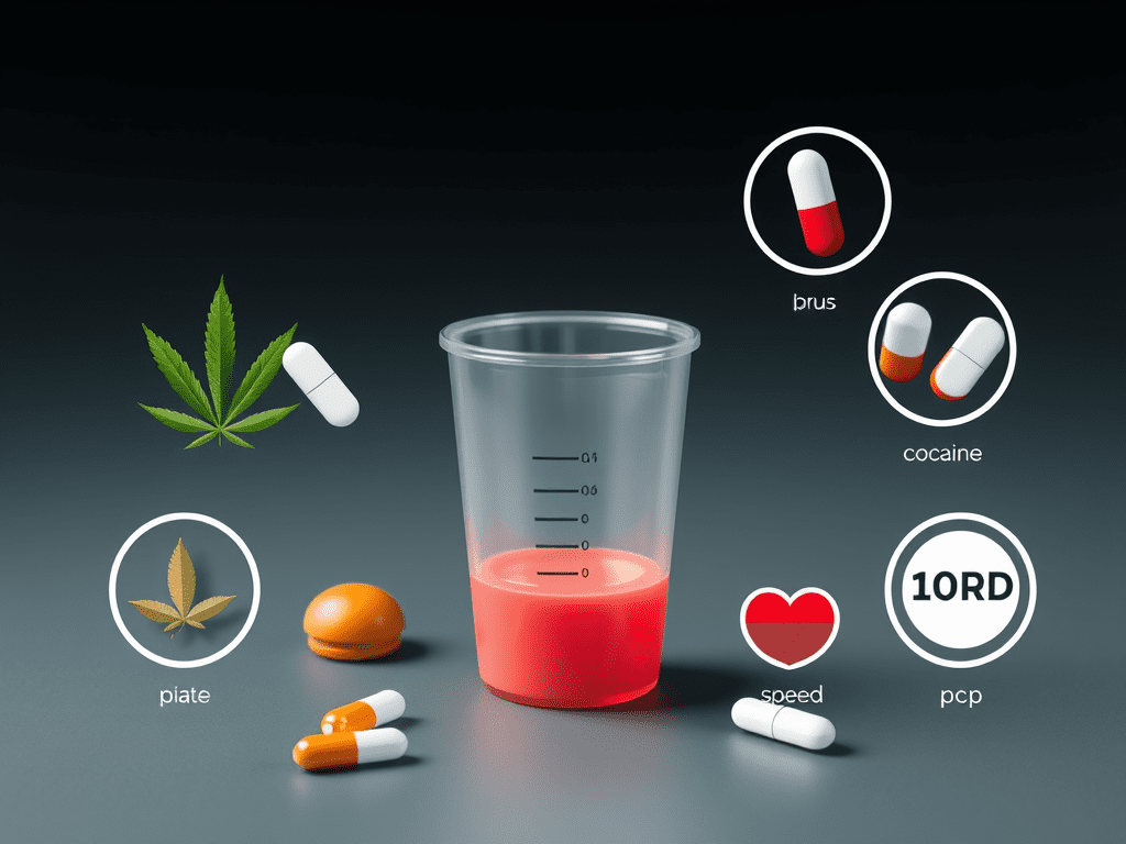 Transparent cup containing red liquid surrounded by various pills and cannabis leaves.